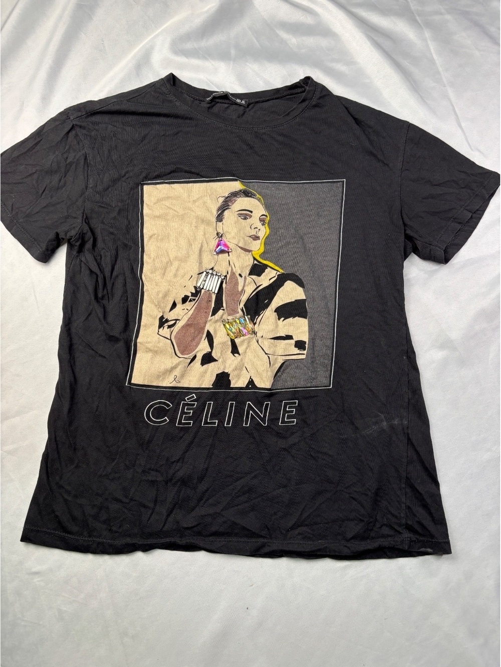 Pink Poem Black Graphic T-Shirt with Céline Print and Embell - Picture 1 of 10